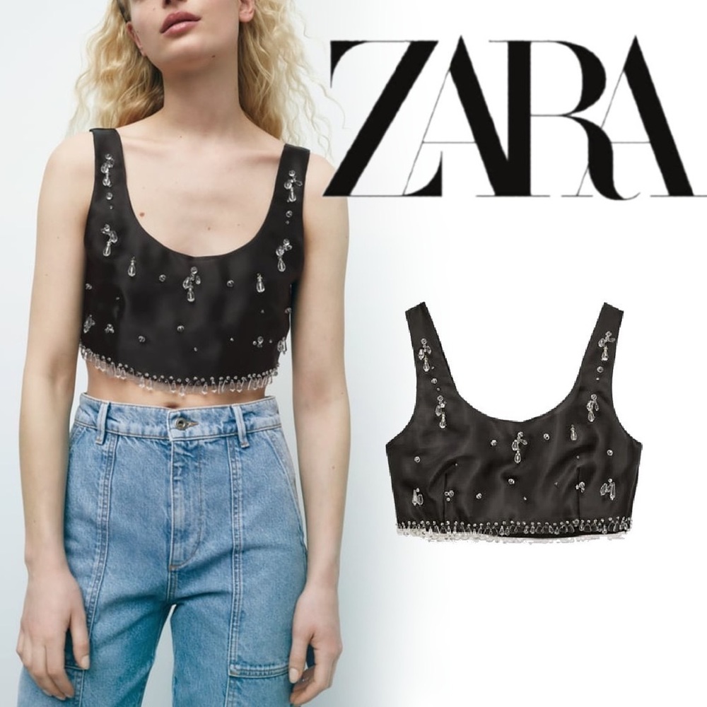 Zara NWT black silky crop top with clear jewel bead detail